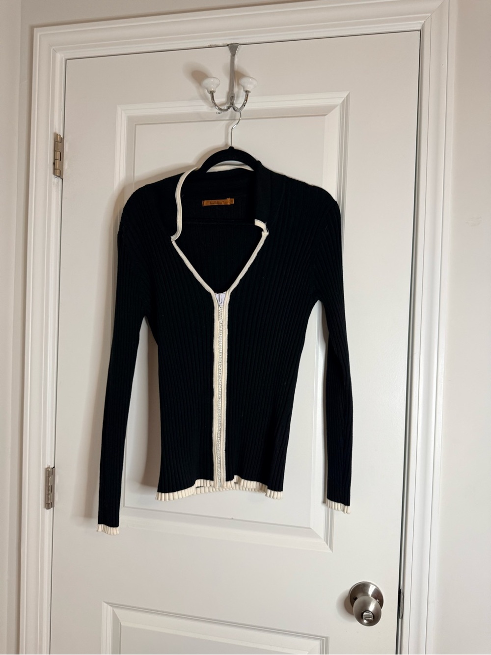 Belldini Black Ribbed Zip Cardigan with Cream Trim